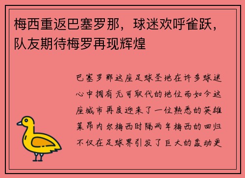 梅西重返巴塞罗那，球迷欢呼雀跃，队友期待梅罗再现辉煌