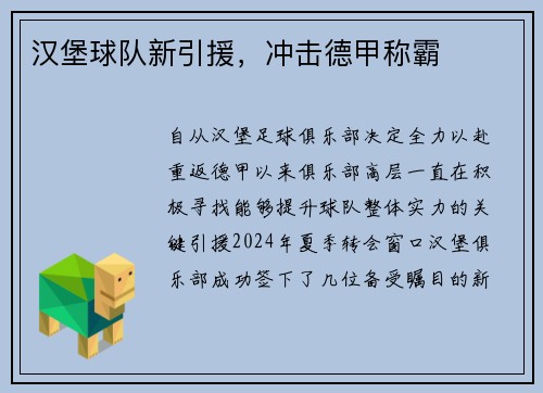 汉堡球队新引援，冲击德甲称霸